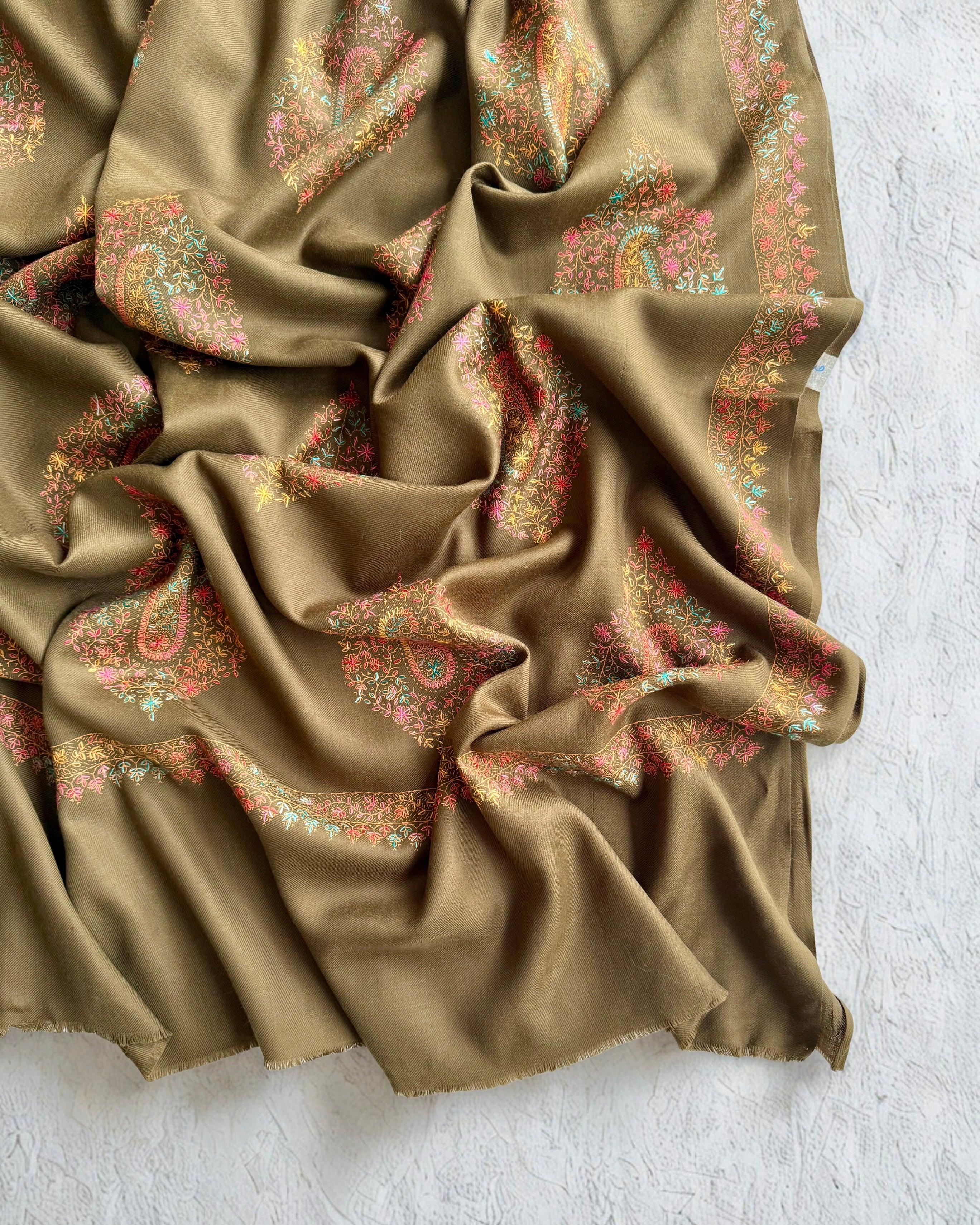 Pure Kashmiri Pashmina handwoven shawl in olive brown, view 2