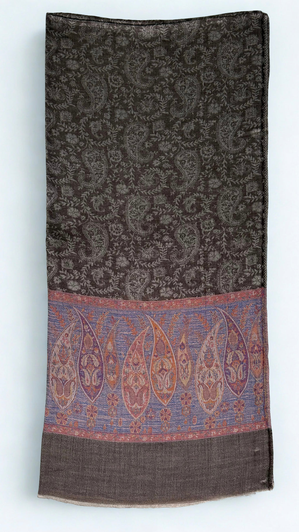 Cocoa brown fine pashmina ring (Palladar) shawl with periwinkle paisley band, swirled