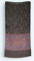 Cocoa brown fine pashmina ring (Palladar) shawl with periwinkle paisley band, swirled