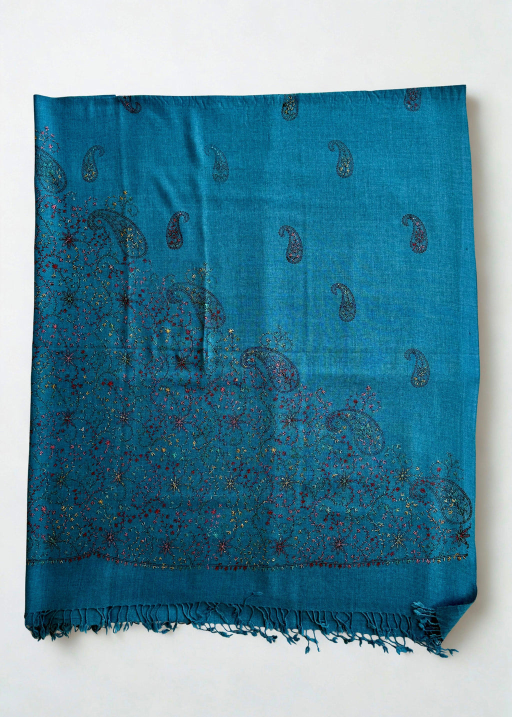 Pashmina woollen fully embroidered shawl in teal blue, hand-embroidered pashmina, view 2