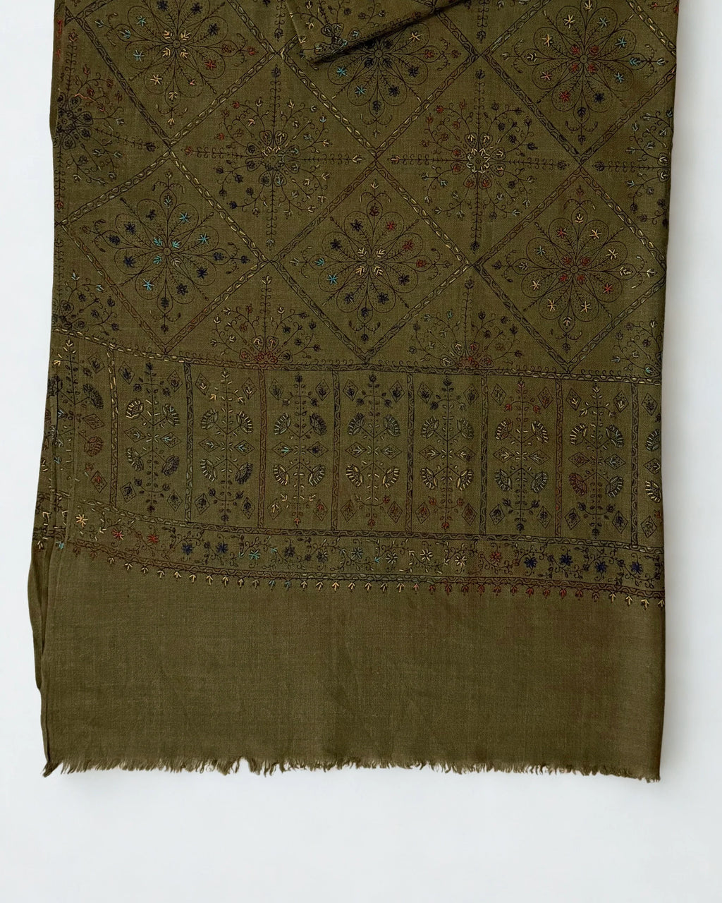 Swati Shahtoosh fully embroidered shawl in khaki green, hand-embroidered Swati pashmina, view 4
