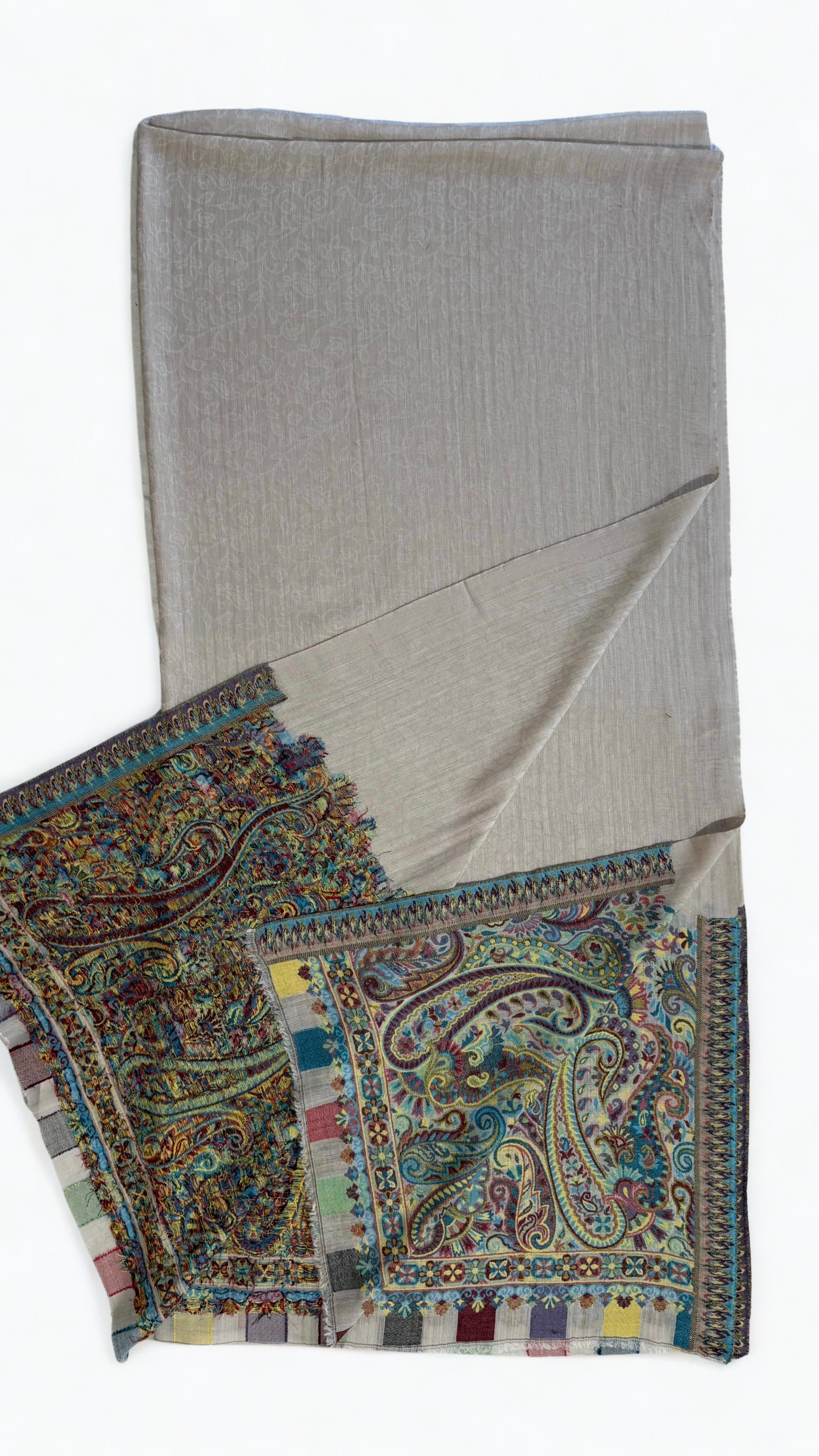 Stone grey fine pashmina ek rukh ring (Palladar) shawl with turquoise paisley end panels, swirled