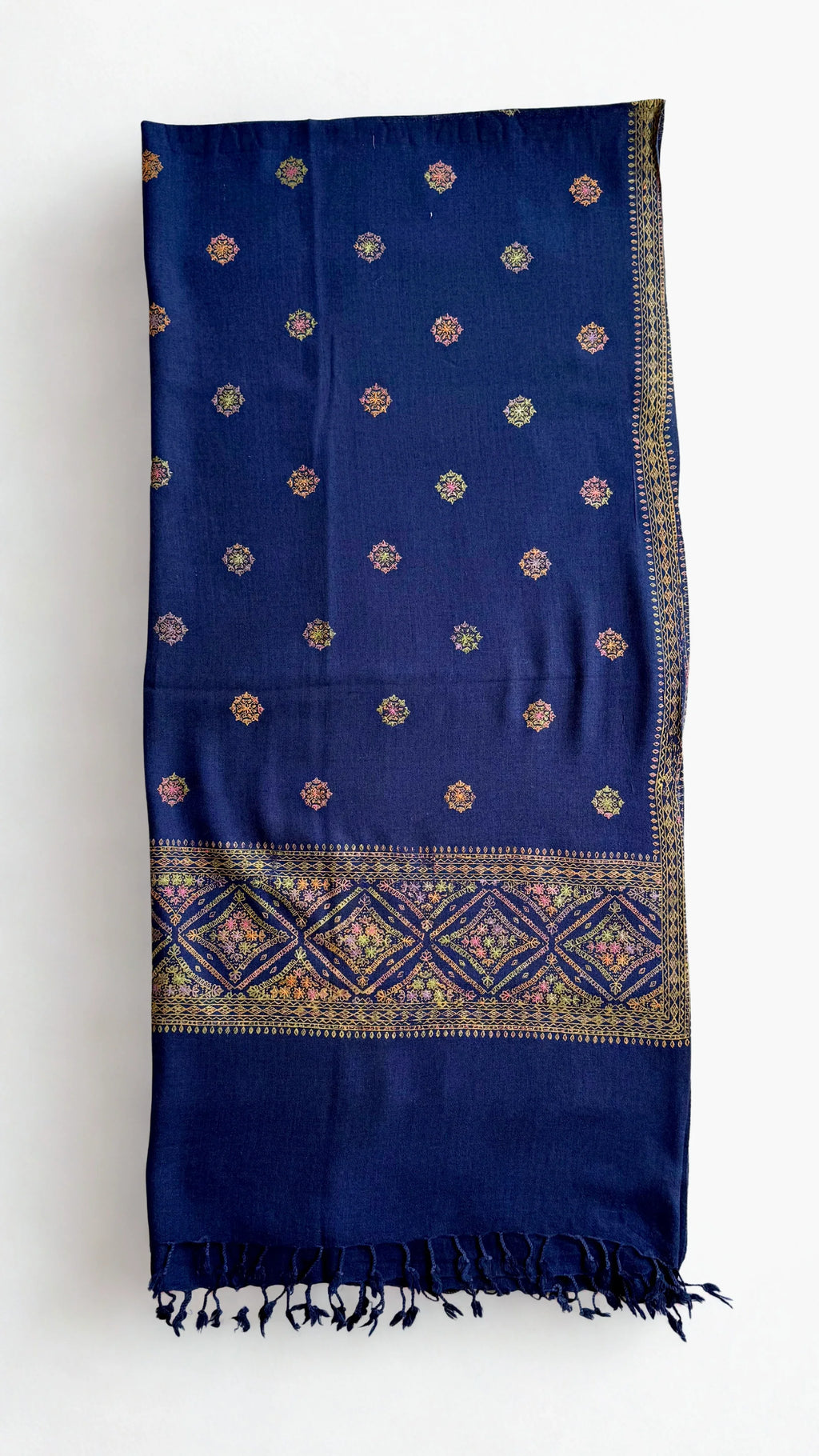Pashmina woollen fully embroidered shawl in midnight blue, hand-embroidered pashmina, view 2