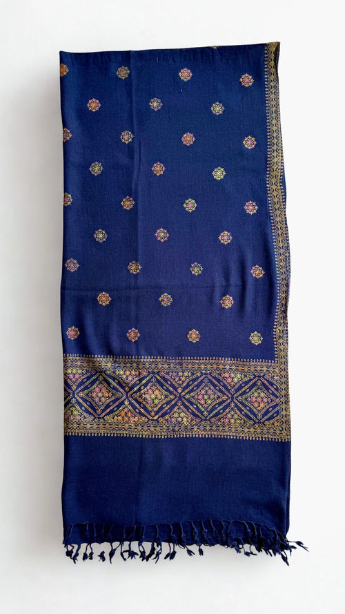Pashmina woollen fully embroidered shawl in midnight blue, hand-embroidered pashmina, view 2