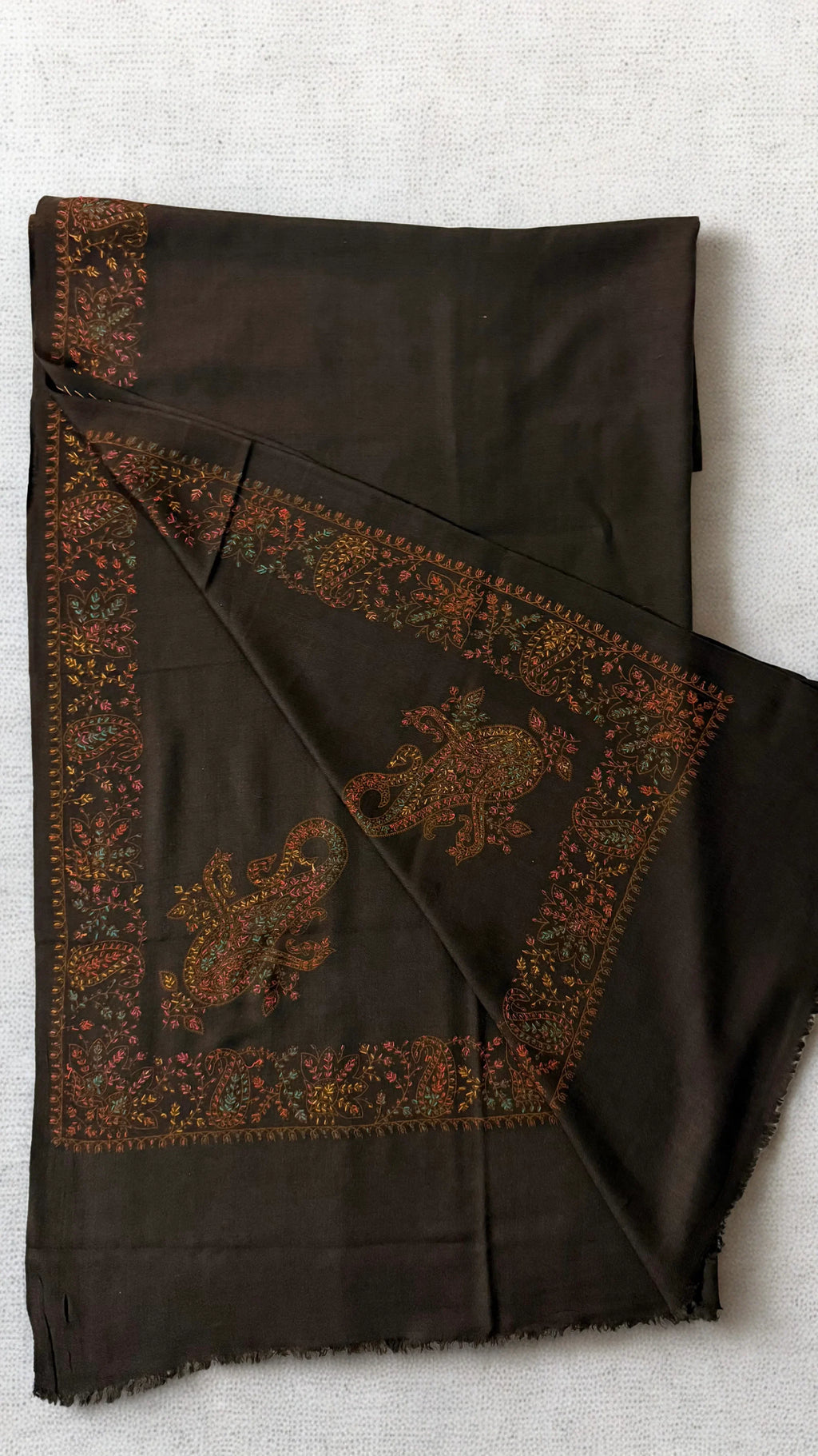 Swati Shahtoosh embroidered shawl in espresso brown, hand-embroidered Swati pashmina