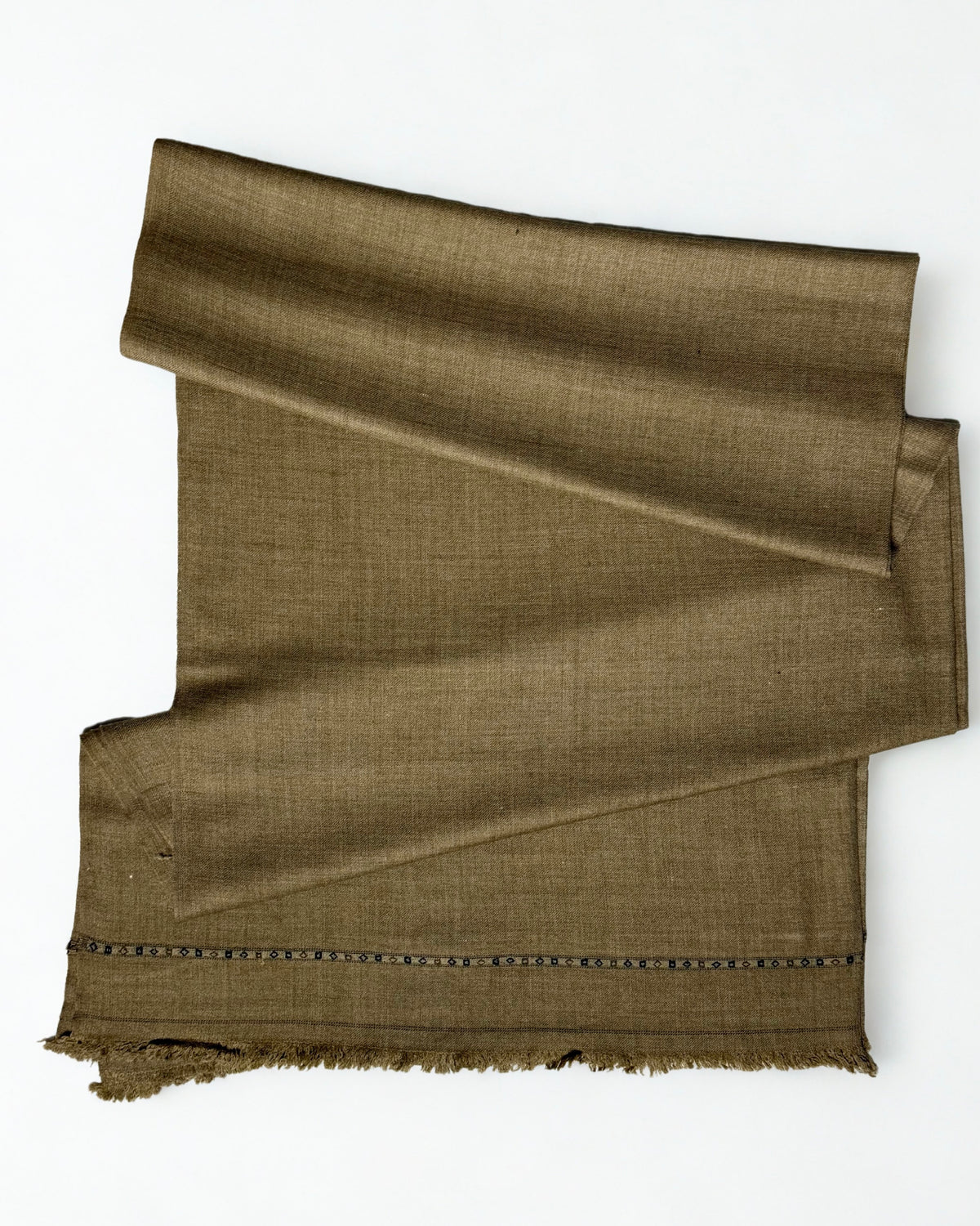 Brown men's Swati pashmina shawl folded flat, showing the woven diamond band across the end
