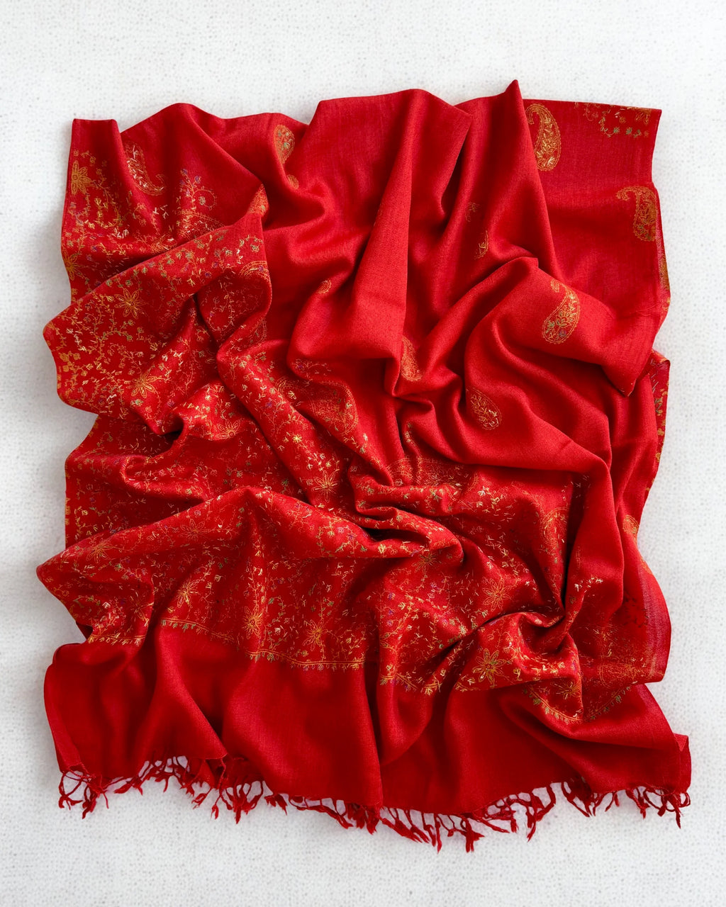 Pashmina woollen fully embroidered shawl in deep red, hand-embroidered pashmina, view 3