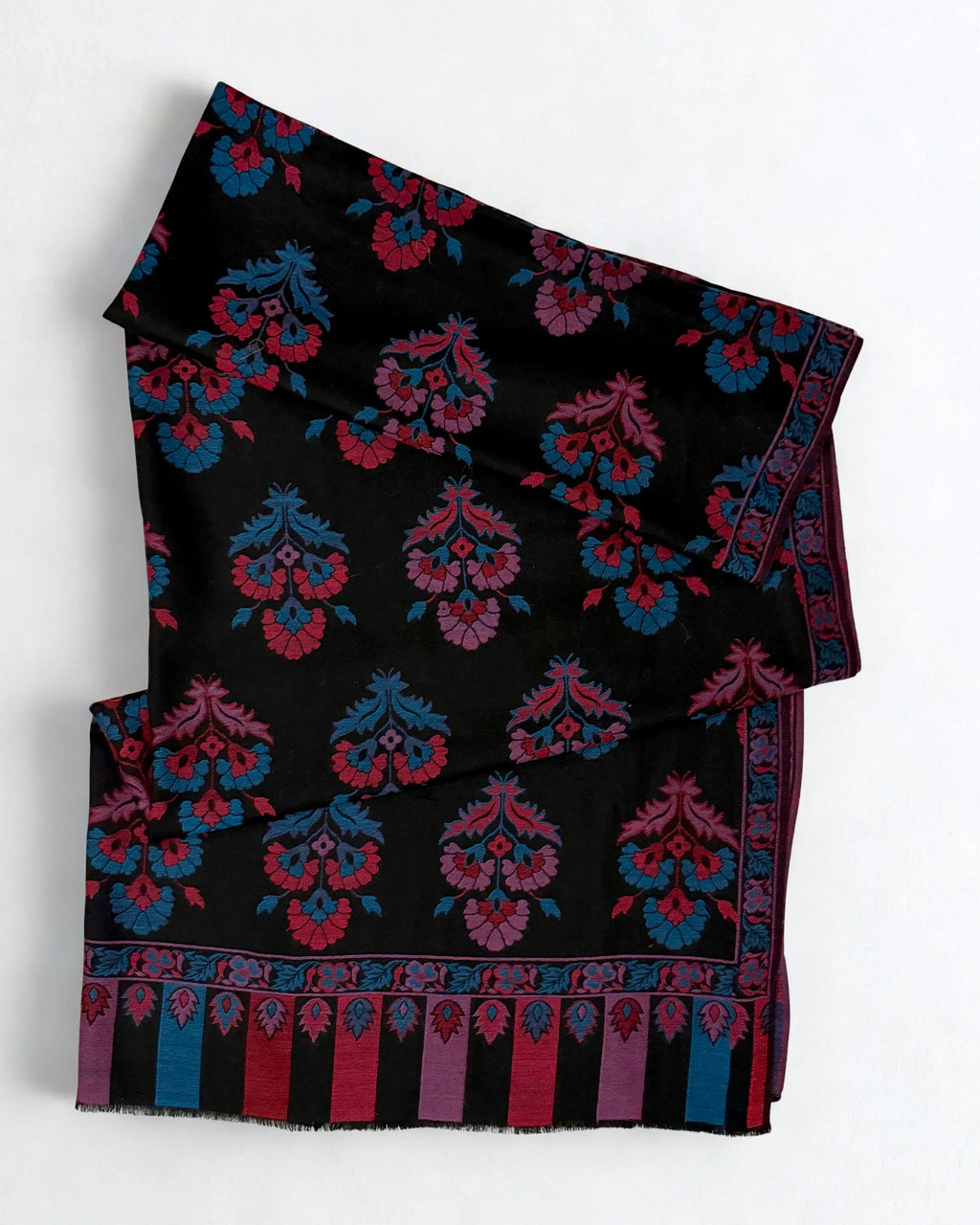 Pure Kashmiri Pashmina Kani shawl in black, handwoven Kani pashmina