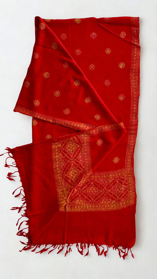 Pashmina woollen fully embroidered shawl in rich red, hand-embroidered pashmina