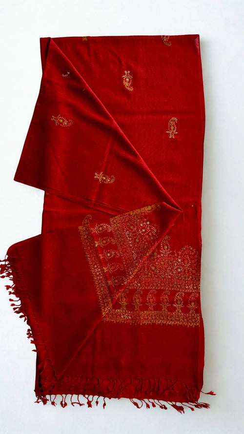 Pashmina woollen fully embroidered shawl in wine red, hand-embroidered pashmina
