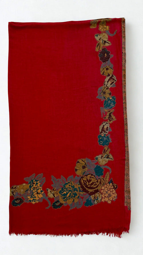 Pure Kashmiri Pashmina Kani shawl in red, handwoven Kani pashmina