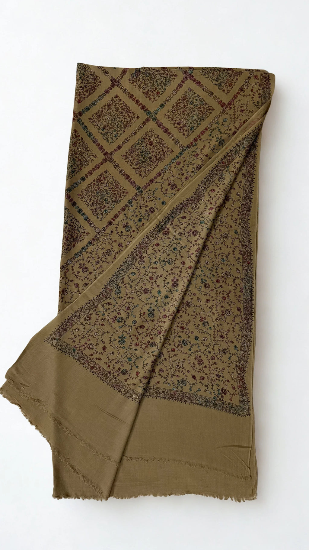 Swati Shahtoosh fully embroidered shawl in khaki, hand-embroidered Swati pashmina, view 3