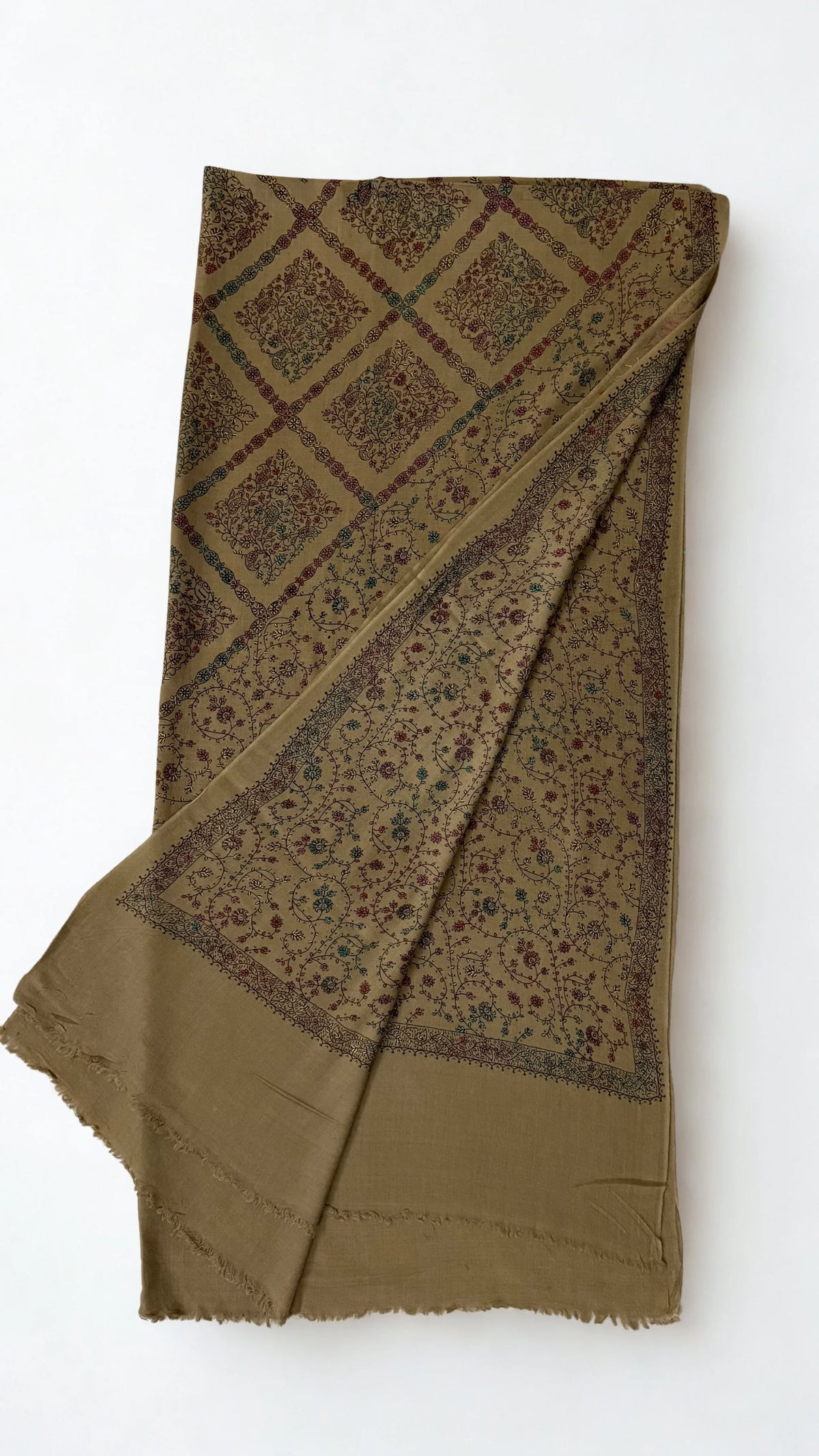 Swati Shahtoosh fully embroidered shawl in khaki, hand-embroidered Swati pashmina, view 3