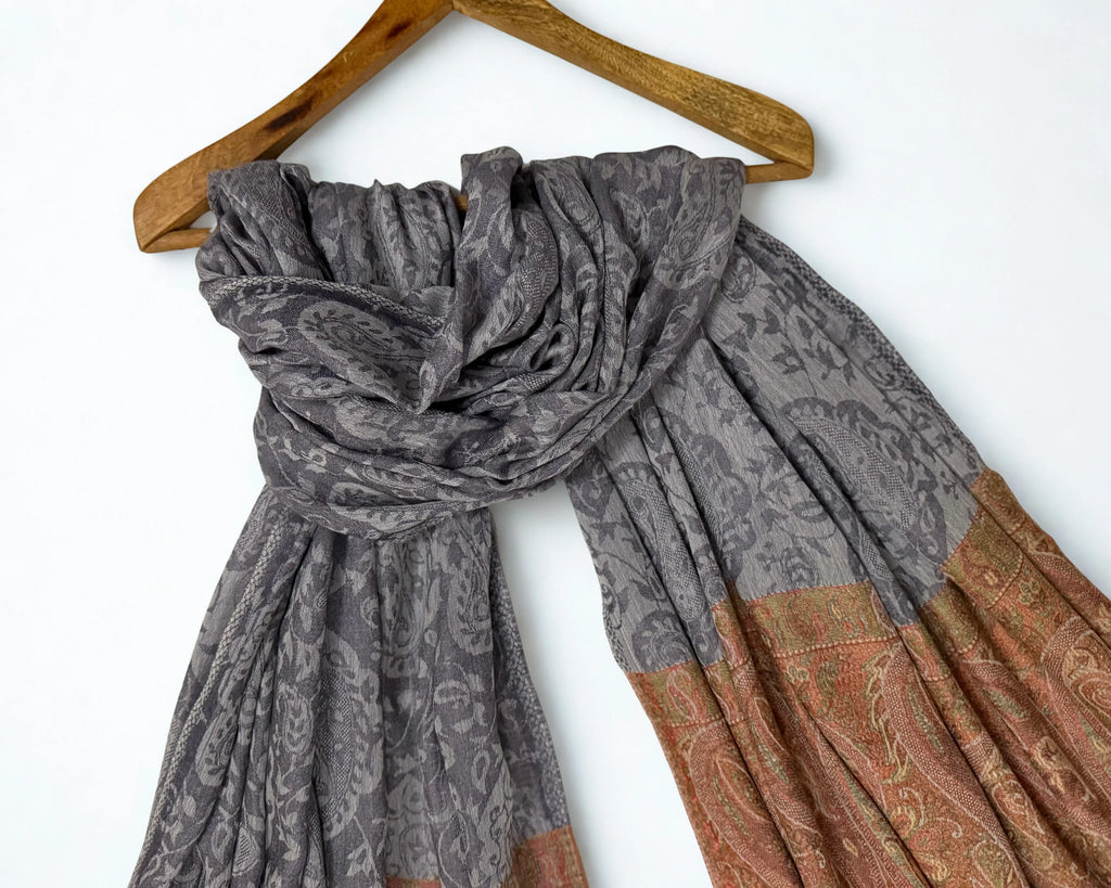Fine Pashmina Ring Palladar shawl in charcoal grey, handwoven pashmina ring shawl, view 2