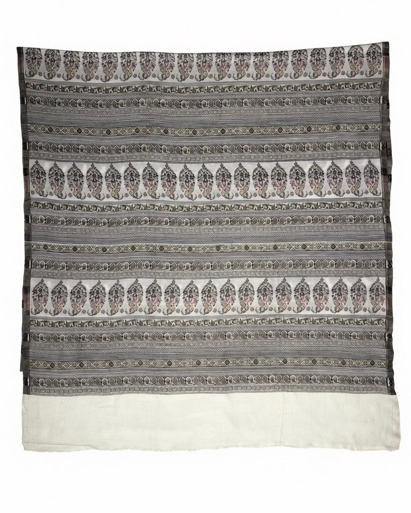 Silver grey Indian pashmina shawl folded to show both patterned ends and the plain ivory panels