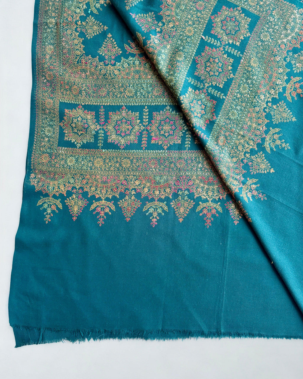 Pure Kashmiri Pashmina handwoven shawl in peacock blue, view 5