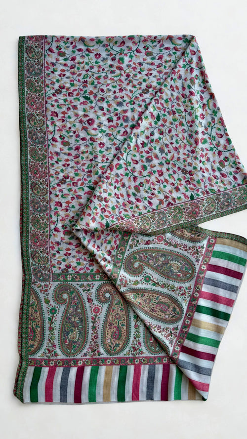 Fine Pashmina Kani shawl in white, handwoven Kani pashmina