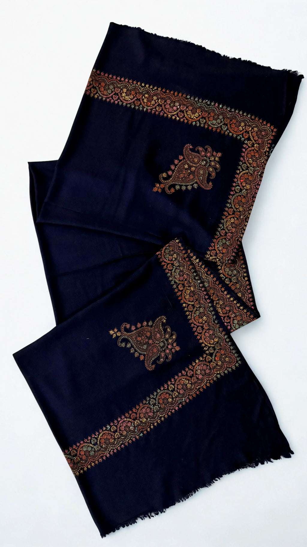 Swati Shahtoosh embroidered shawl in navy blue, hand-embroidered Swati pashmina, view 3