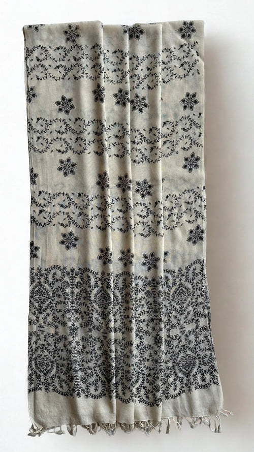 Swati Pashmina fully embroidered shawl in white, hand-embroidered Swati pashmina
