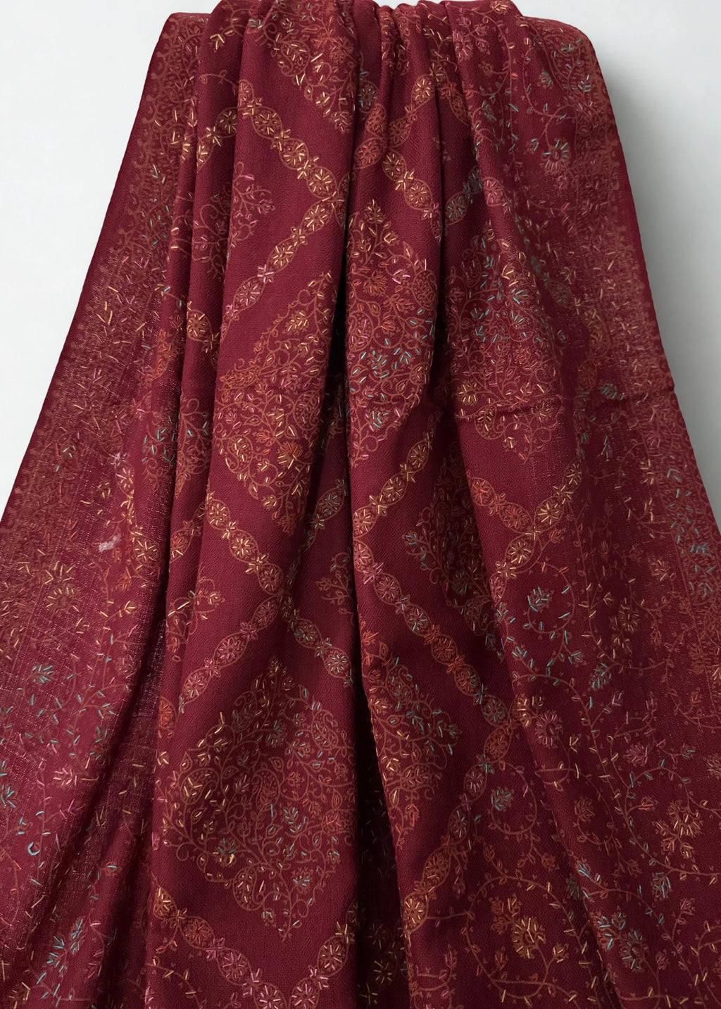 Swati Shahtoosh fully embroidered shawl in maroon, hand-embroidered Swati pashmina, view 2