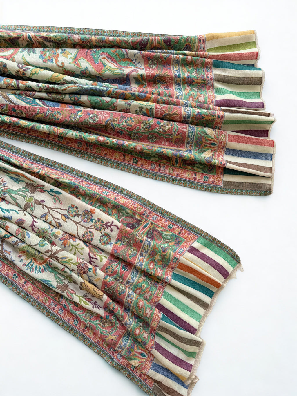 Close view of the shikargah weave on an ivory pashmina shawl, animals and birds among flowering branches