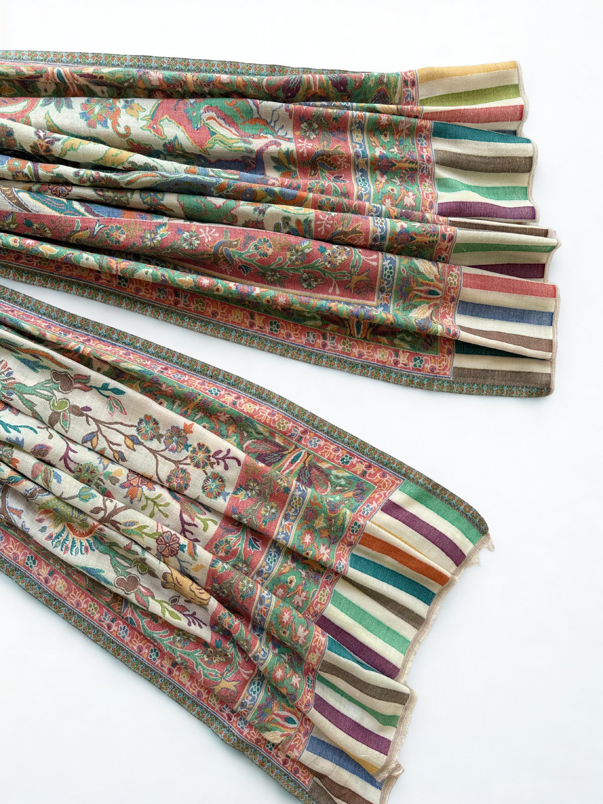 Close view of the shikargah weave on an ivory pashmina shawl, animals and birds among flowering branches