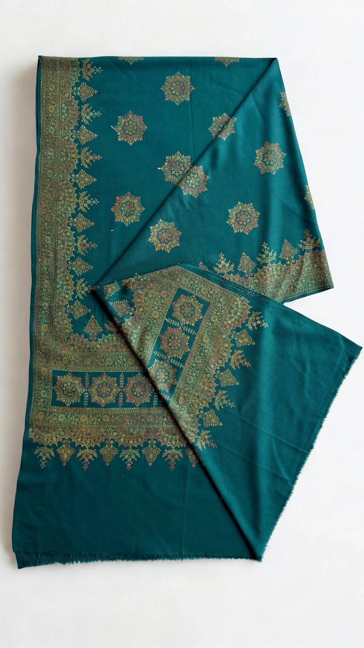 Pure Kashmiri Pashmina handwoven shawl in peacock blue, view 3