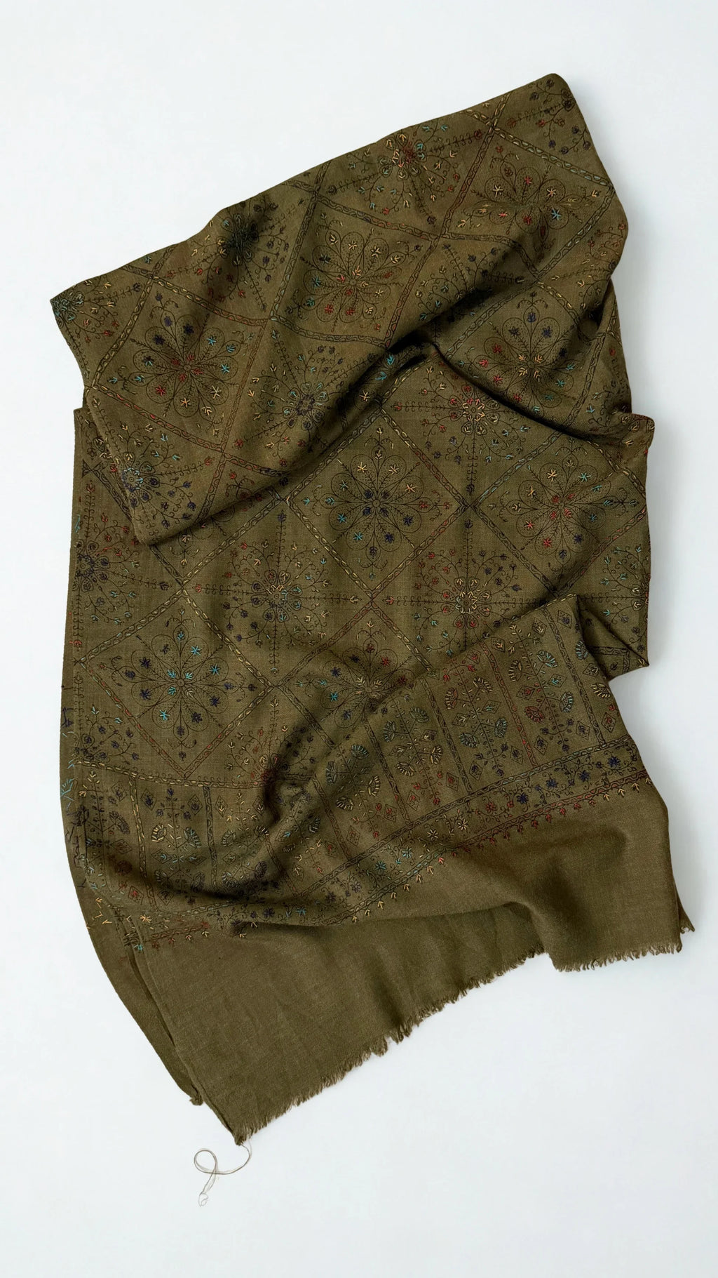 Swati Shahtoosh fully embroidered shawl in khaki green, hand-embroidered Swati pashmina, view 3