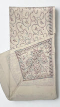 White Swati Shahtoosh shawl, fully hand embroidered with paisleys and flowering vine in muted rose, teal and gold