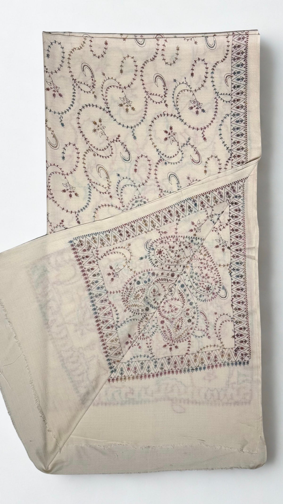 White Swati Shahtoosh shawl, fully hand embroidered with paisleys and flowering vine in muted rose, teal and gold