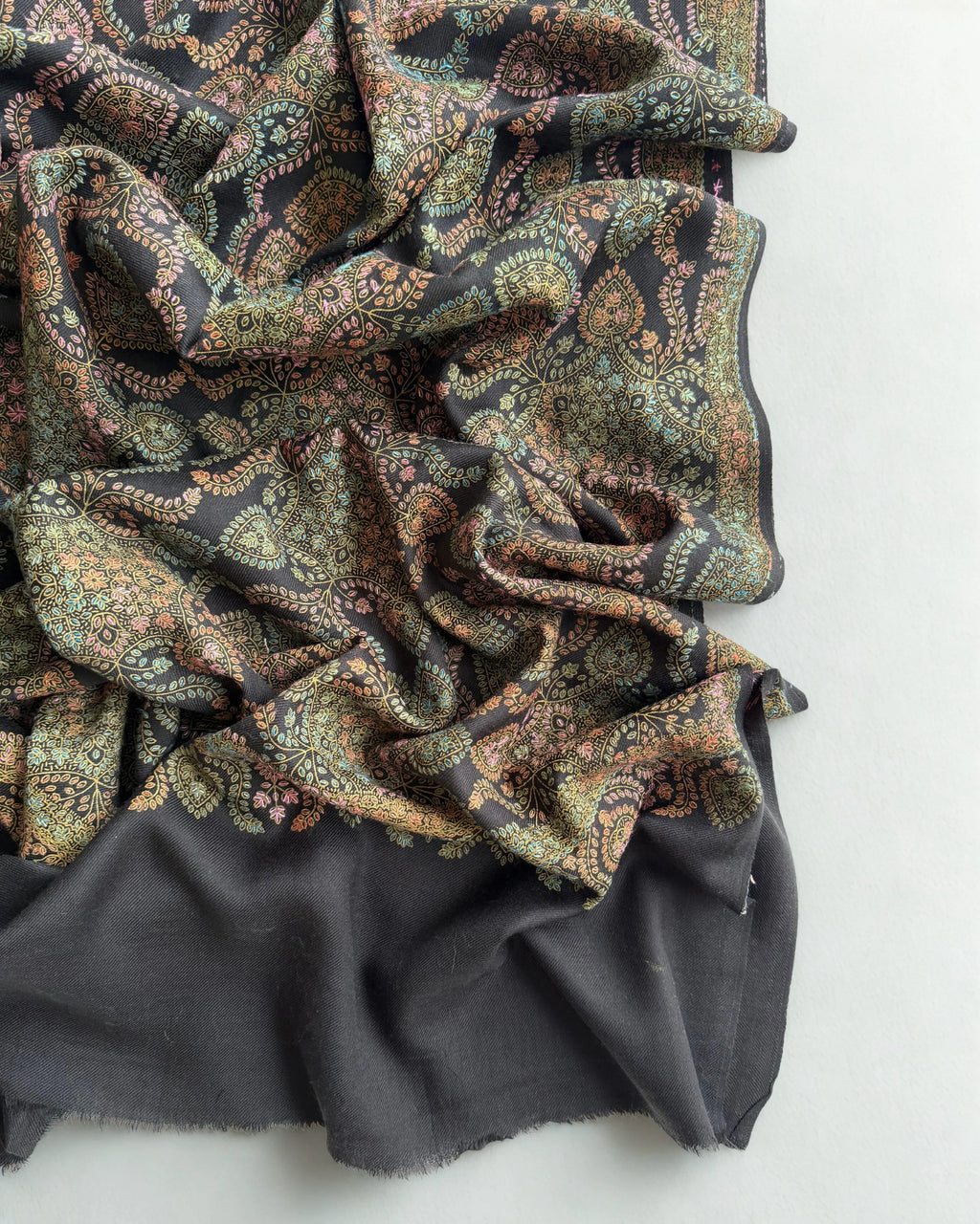Pure Kashmiri Pashmina fully embroidered shawl in midnight black, view 2