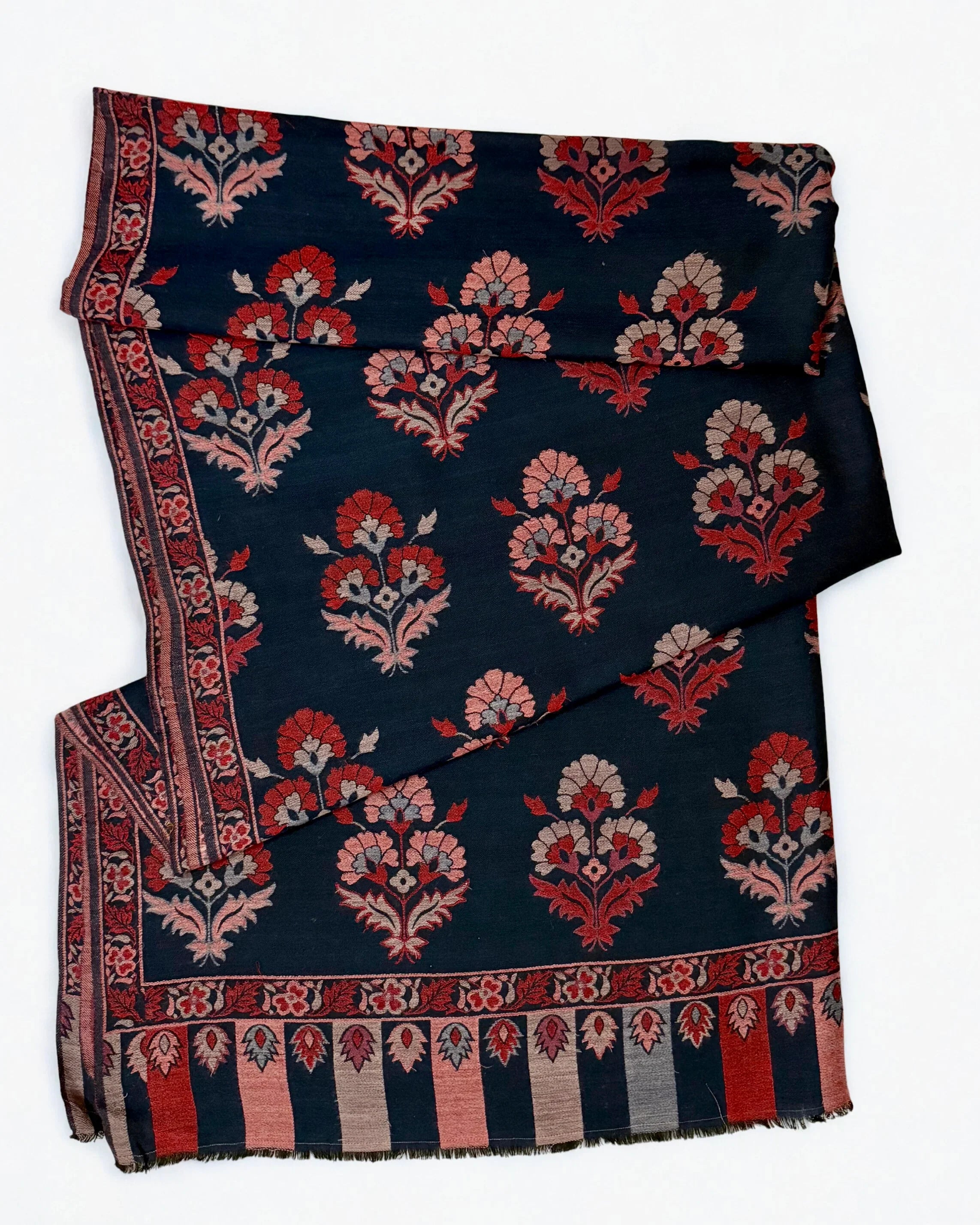 Pure Kashmiri Pashmina Kani shawl in navy blue, handwoven Kani pashmina, view 3