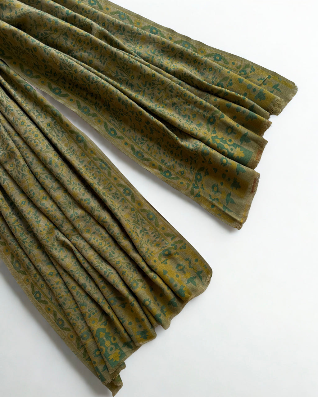 Close view of the tiny moss and ochre flowering vines woven across the field of a Kani pashmina shawl