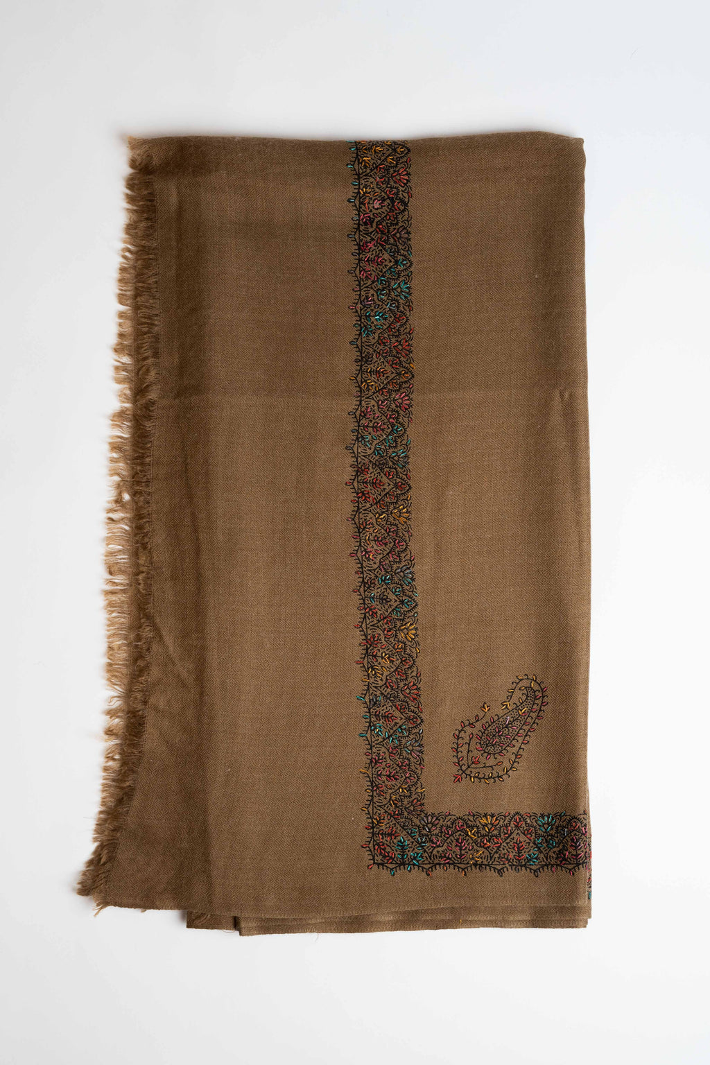Swati Pashmina embroidered shawl in brown, hand-embroidered pashmina