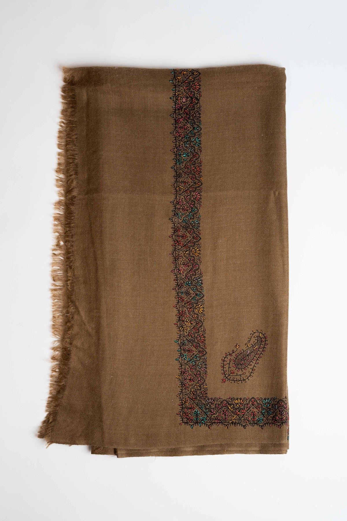 Swati Pashmina embroidered shawl in brown, hand-embroidered pashmina