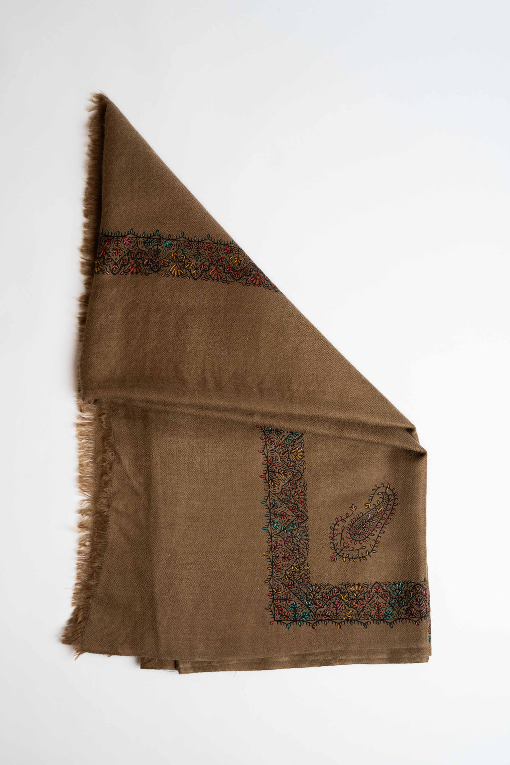 Swati Pashmina embroidered shawl in brown, hand-embroidered pashmina, view 2