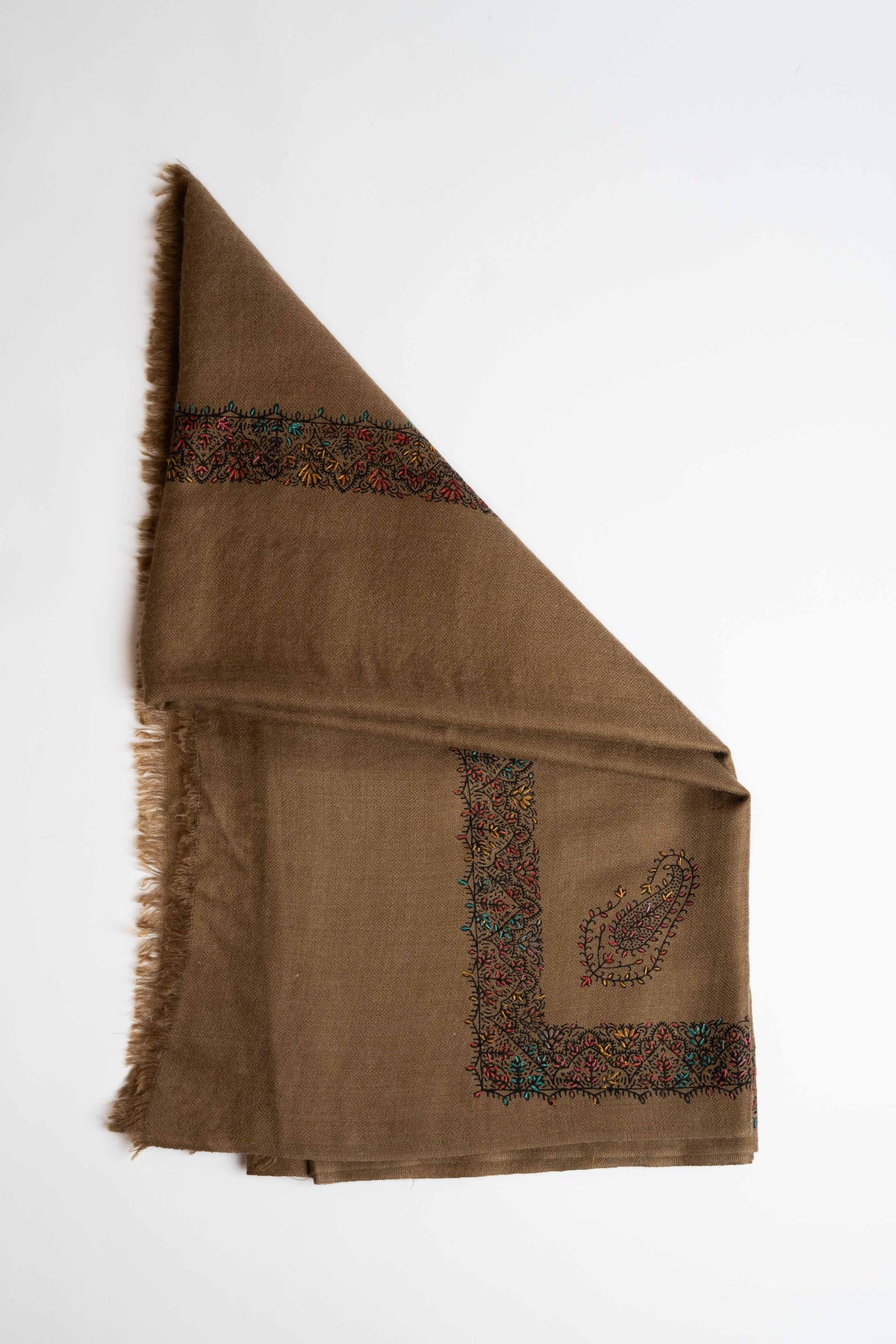 Swati Pashmina embroidered shawl in brown, hand-embroidered pashmina, view 2