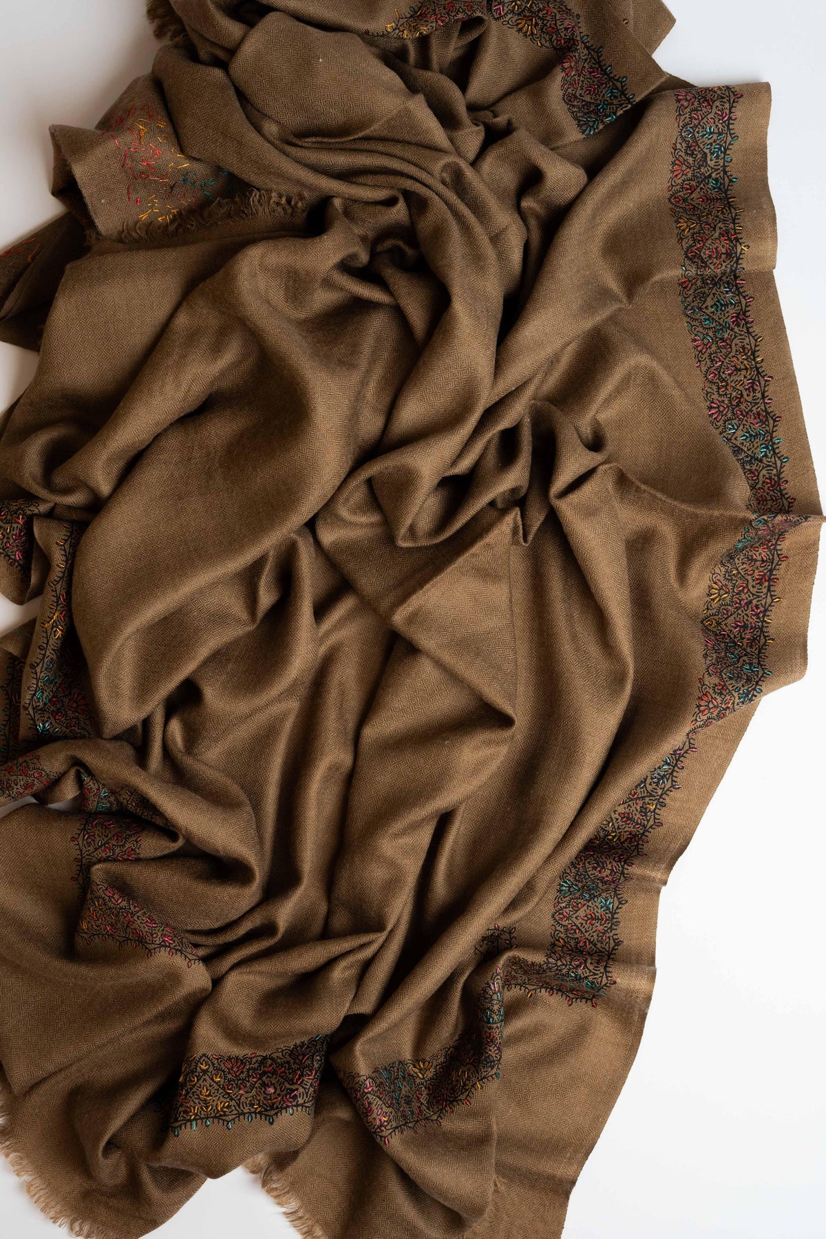 Swati Pashmina embroidered shawl in brown, hand-embroidered pashmina, view 3