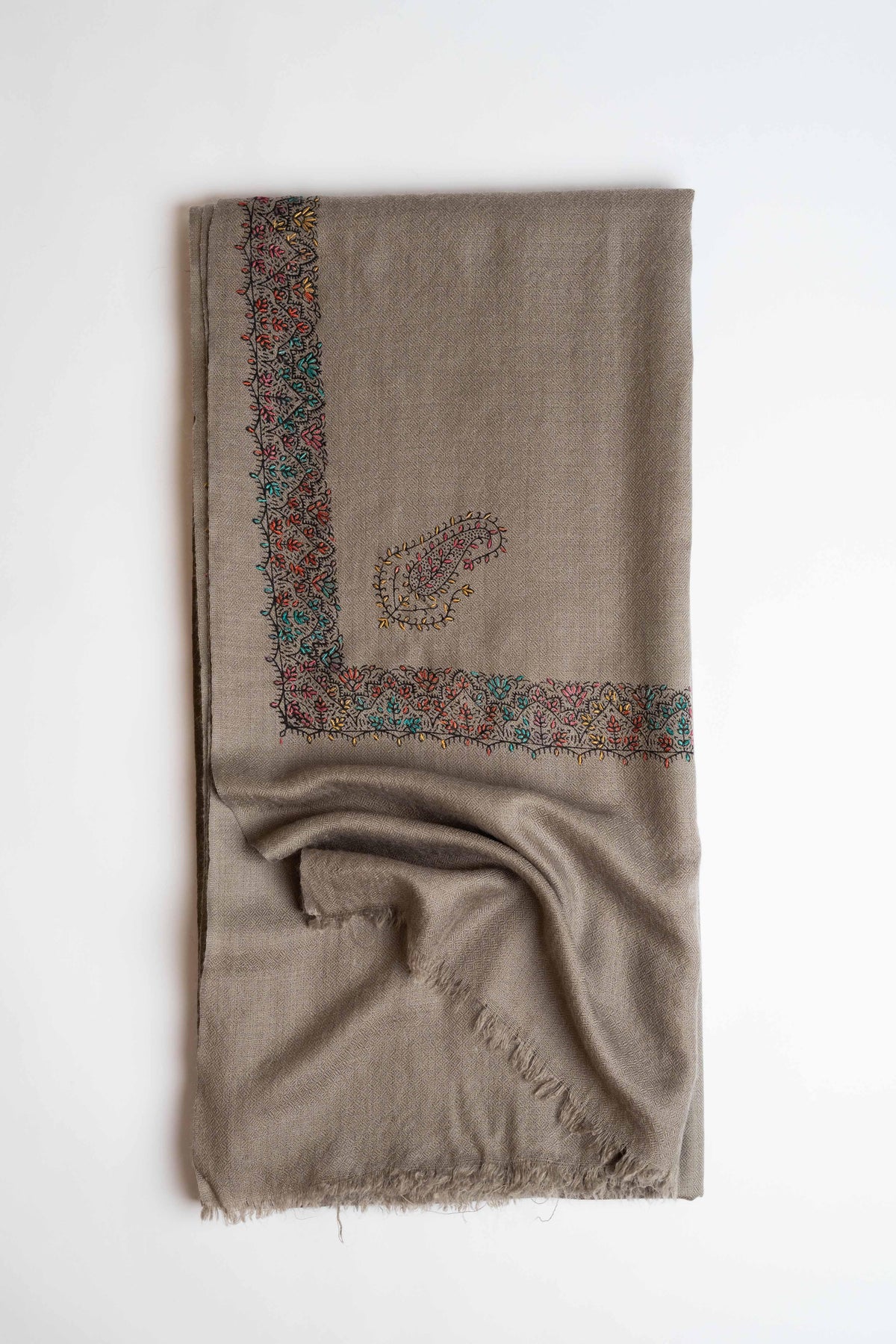 Swati Pashmina embroidered shawl in grey, hand-embroidered pashmina, view 2