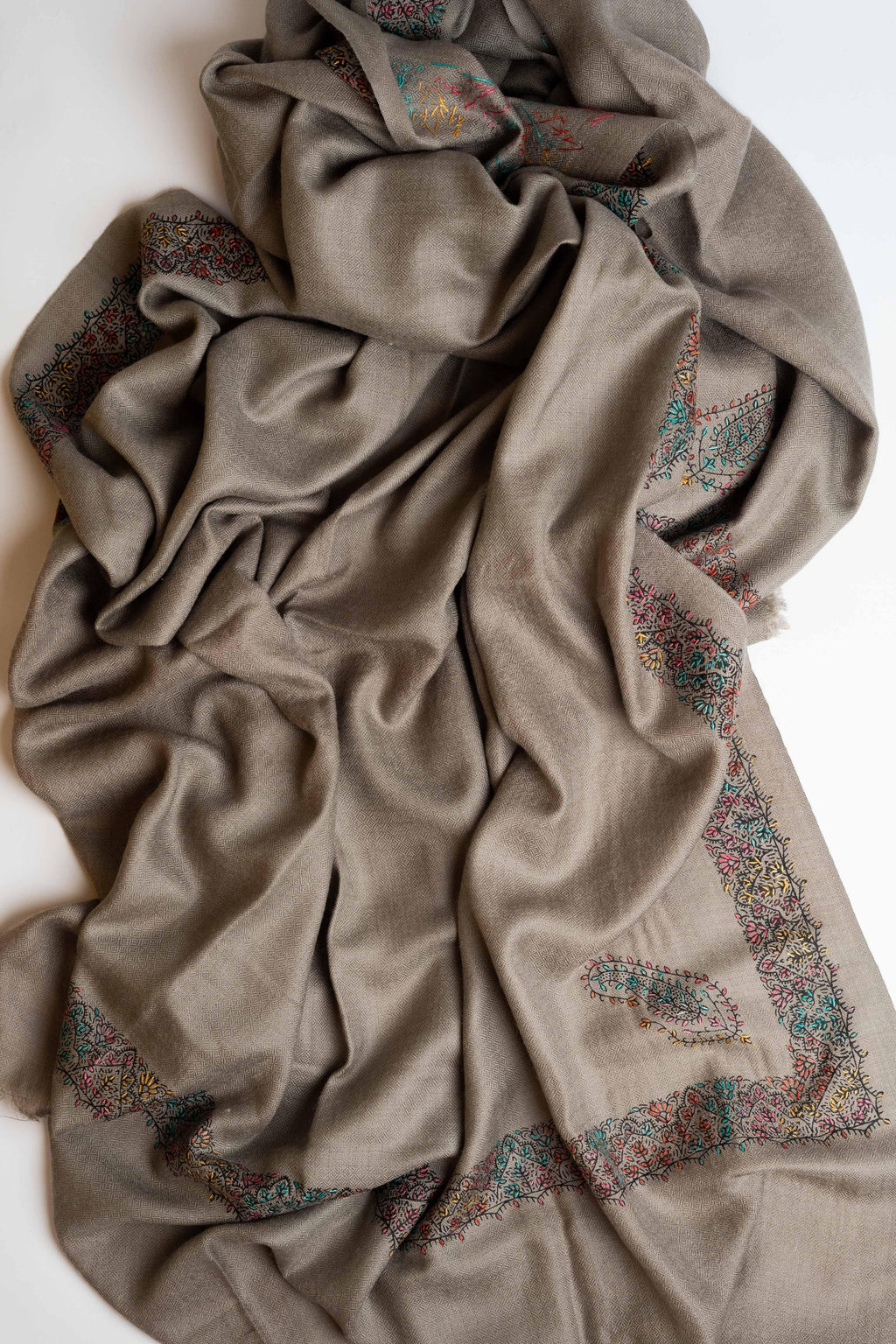 Swati Pashmina embroidered shawl in grey, hand-embroidered pashmina, view 3