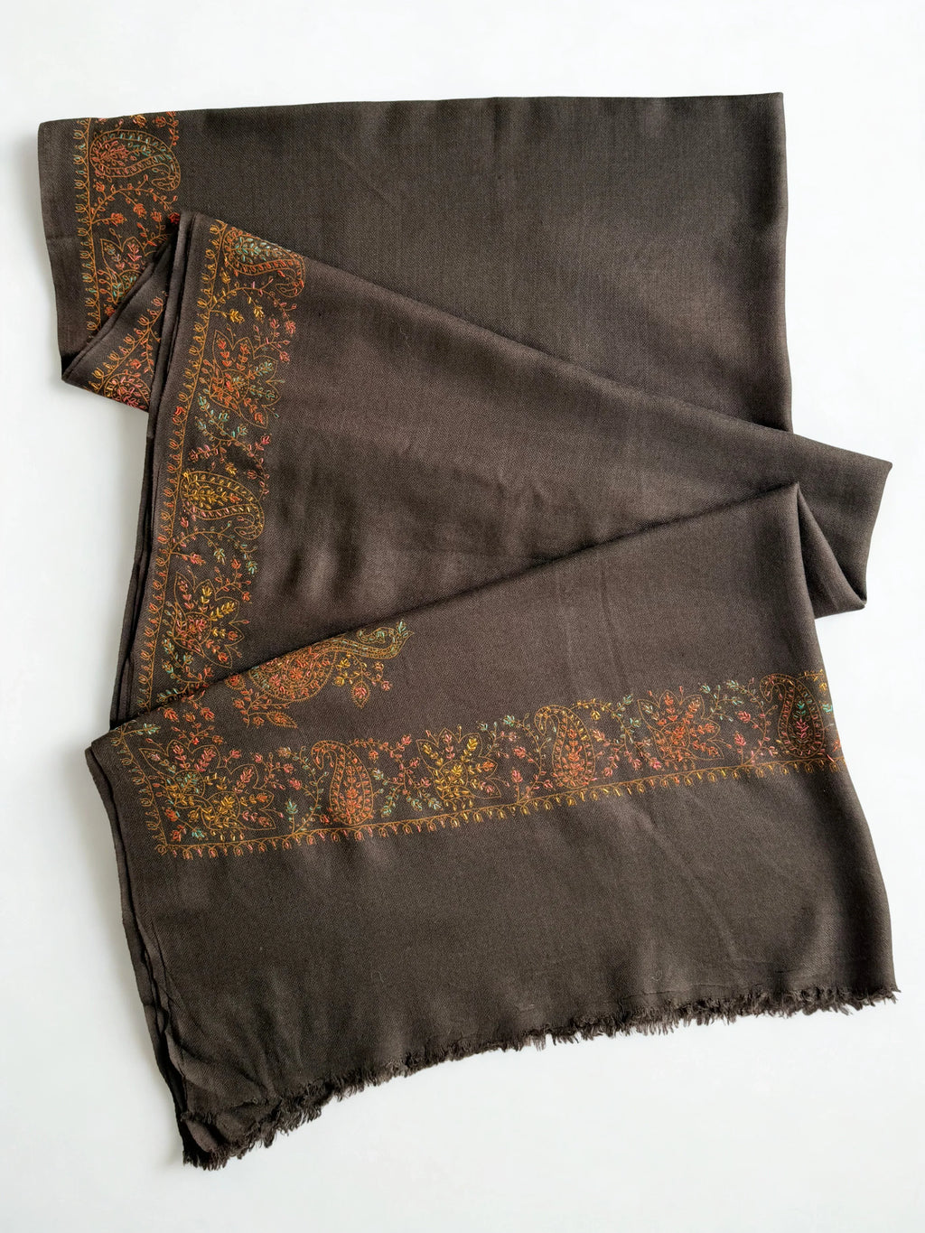 Swati Shahtoosh embroidered shawl in espresso brown, hand-embroidered Swati pashmina, view 3
