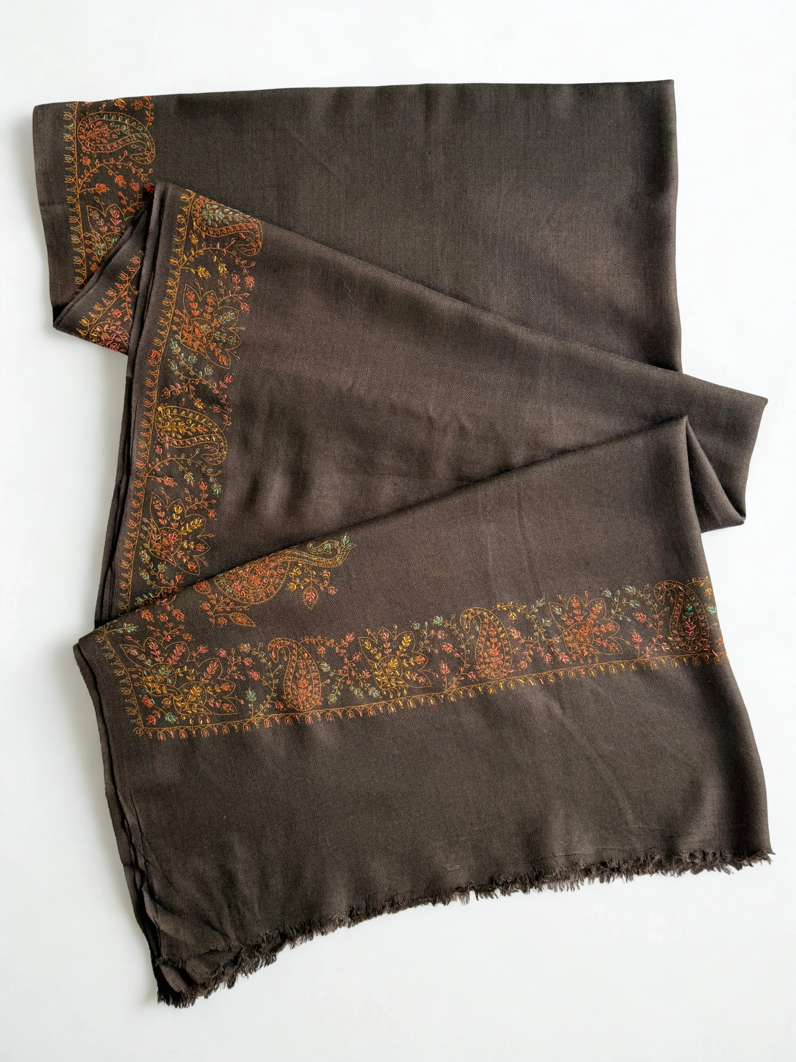 Swati Shahtoosh embroidered shawl in espresso brown, hand-embroidered Swati pashmina, view 3