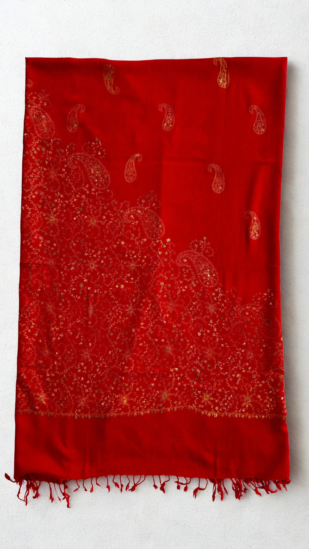 Pashmina woollen fully embroidered shawl in deep red, hand-embroidered pashmina