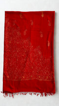 Pashmina woollen fully embroidered shawl in deep red, hand-embroidered pashmina