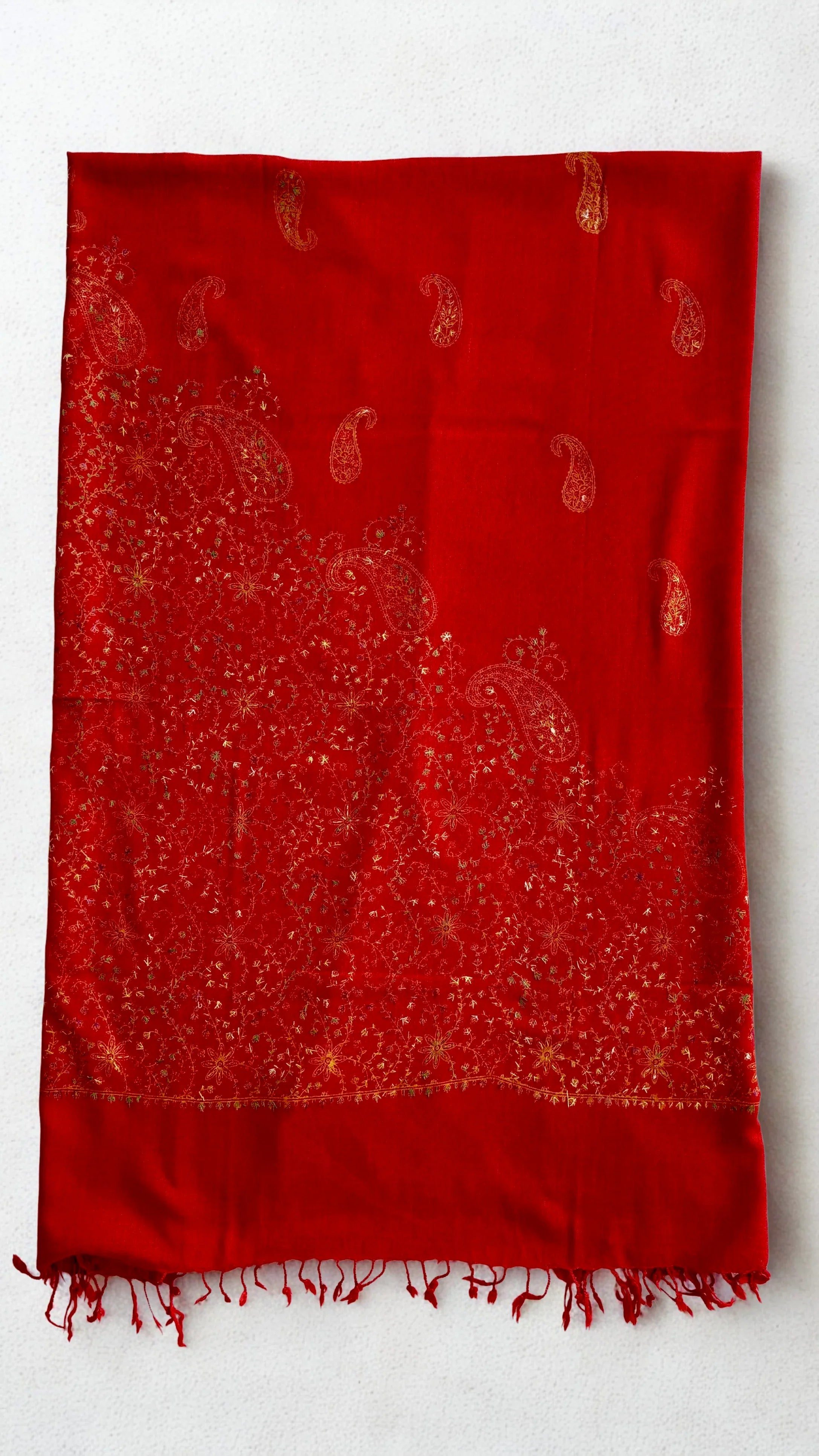 Pashmina woollen fully embroidered shawl in deep red, hand-embroidered pashmina