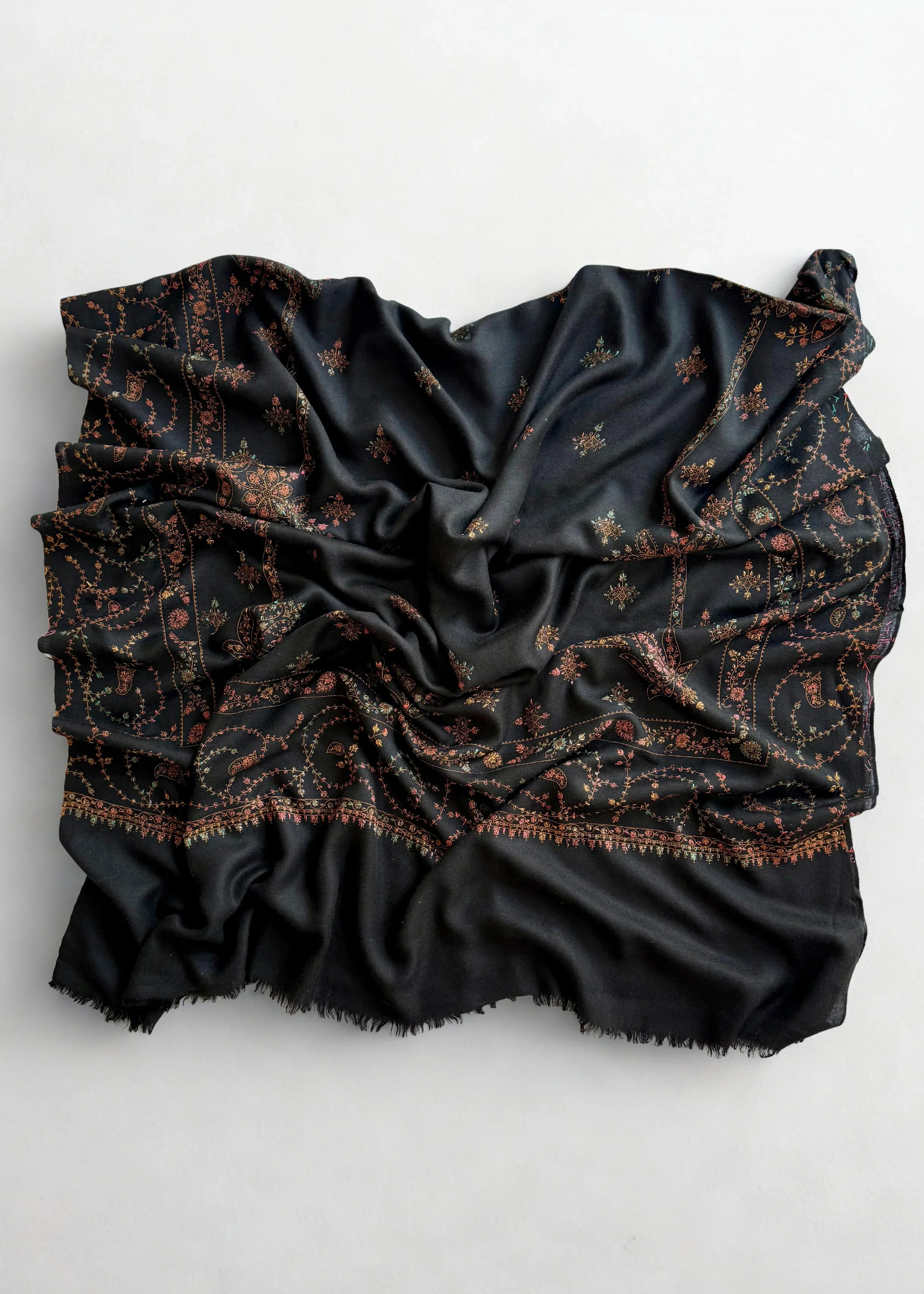Swati Shahtoosh fully embroidered shawl in black, hand-embroidered Swati pashmina, view 4