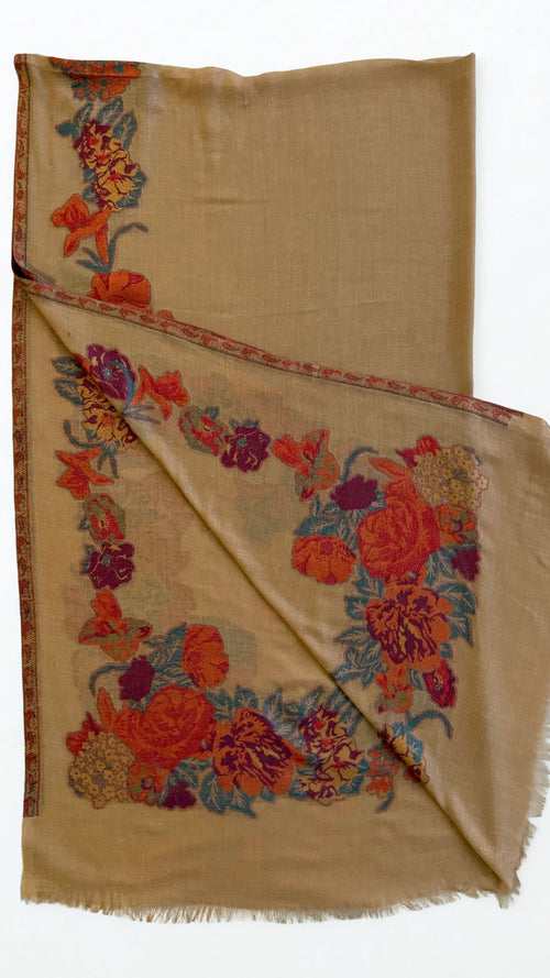 Pure Kashmiri Pashmina Kani shawl in khaki, handwoven Kani pashmina