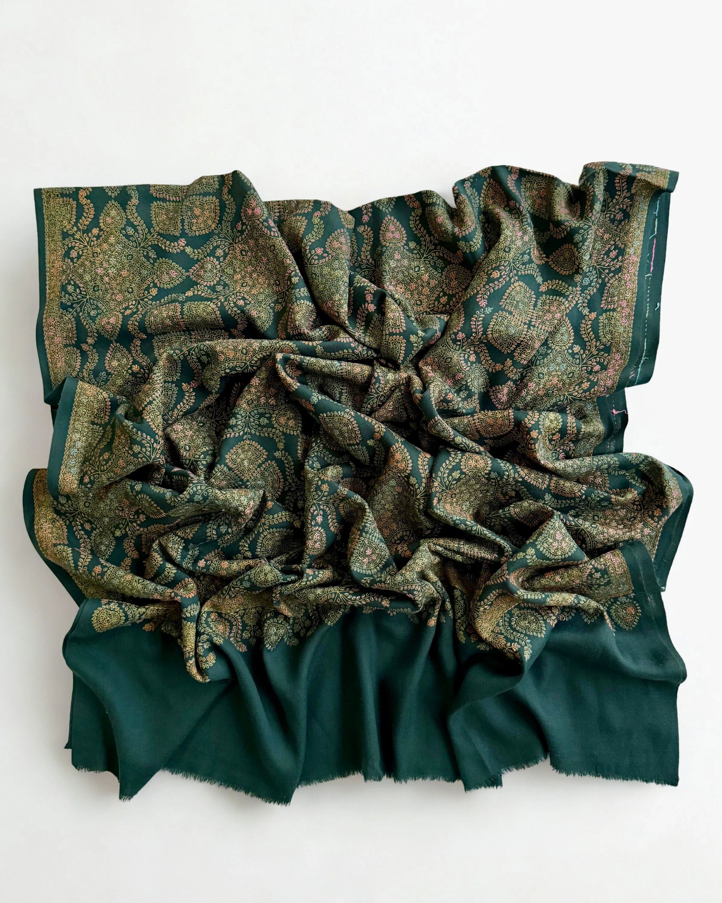 Pure Kashmiri Pashmina handwoven shawl in emerald green, view 3
