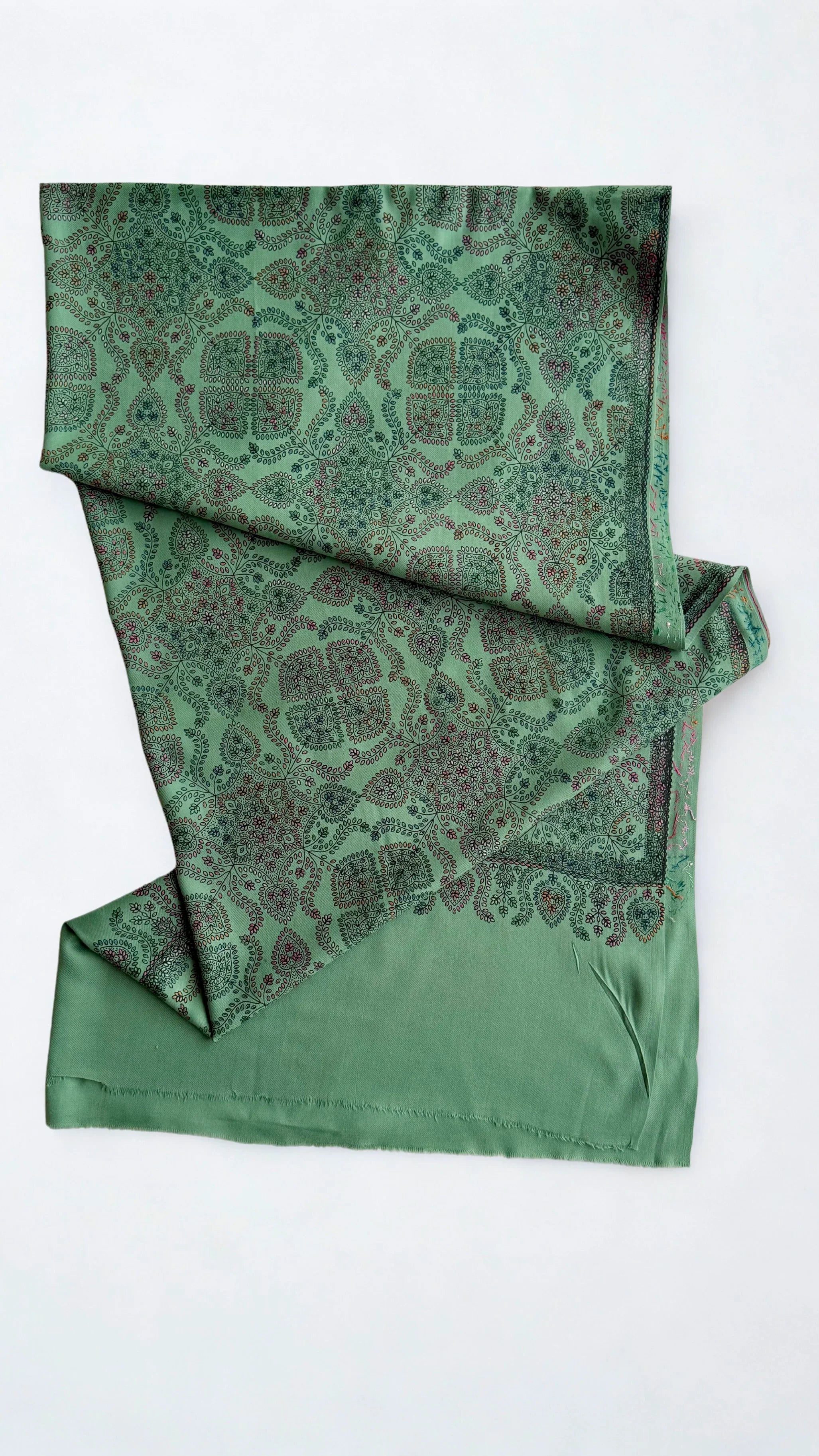 Pure Kashmiri Pashmina handwoven shawl in sage green, view 2