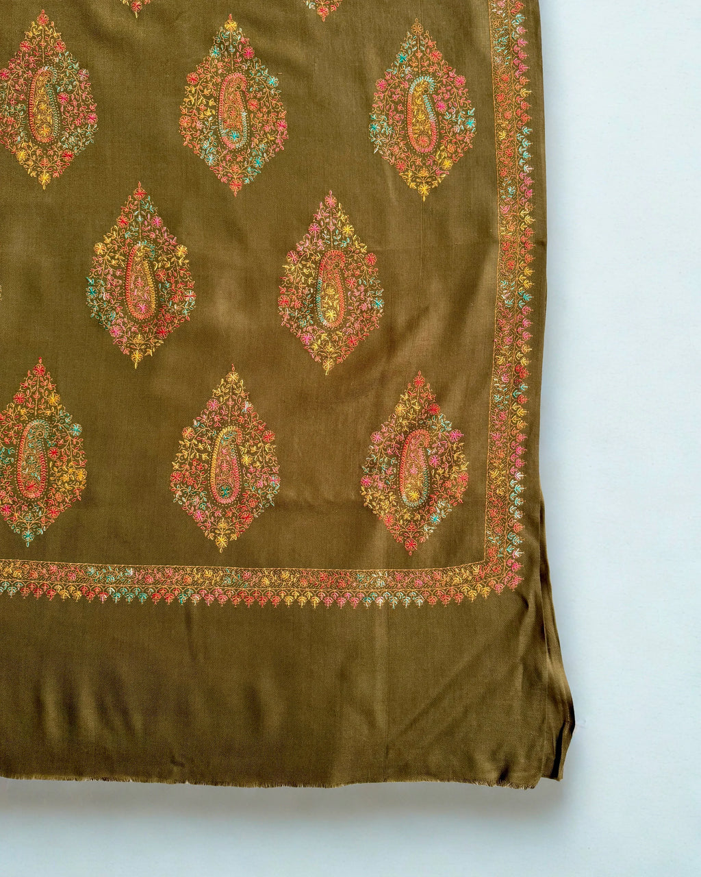 Pure Kashmiri Pashmina handwoven shawl in olive brown, view 3